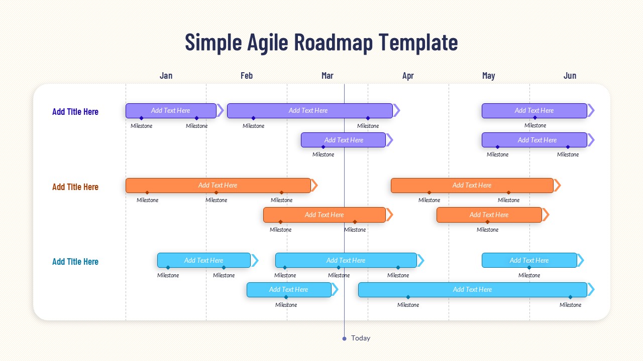 Agile project roadmap PowerPoint template with sprint timeline, release planning, milestone tracking, backlog management, and project scheduling.