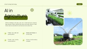 AI in Agriculture PowerPoint presentation template featuring artificial intelligence, crop monitoring, predictive analytics, agricultural robots, smart farming, and precision agriculture solutions.