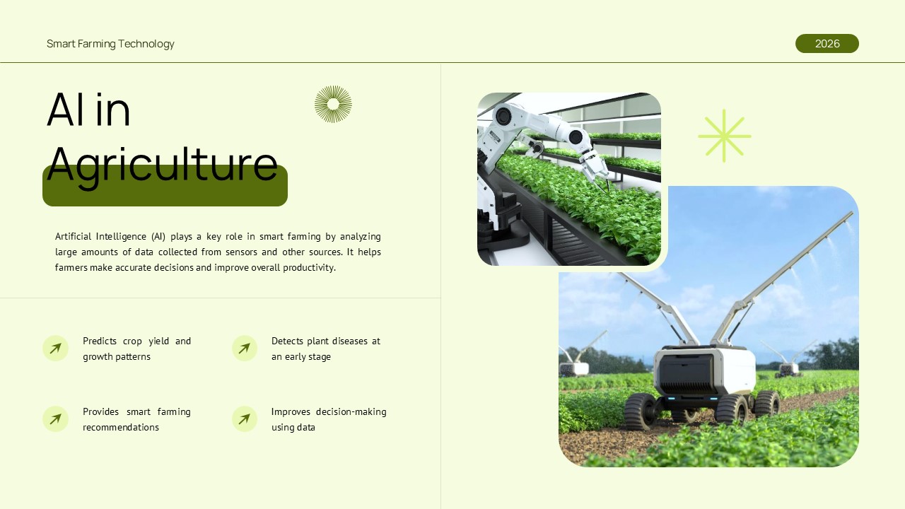 AI in Agriculture PowerPoint presentation template featuring artificial intelligence, crop monitoring, predictive analytics, agricultural robots, smart farming, and precision agriculture solutions.