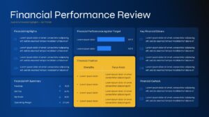 Company board meeting financial review PowerPoint template with financial summary, revenue performance, expense analysis, and executive dashboard.