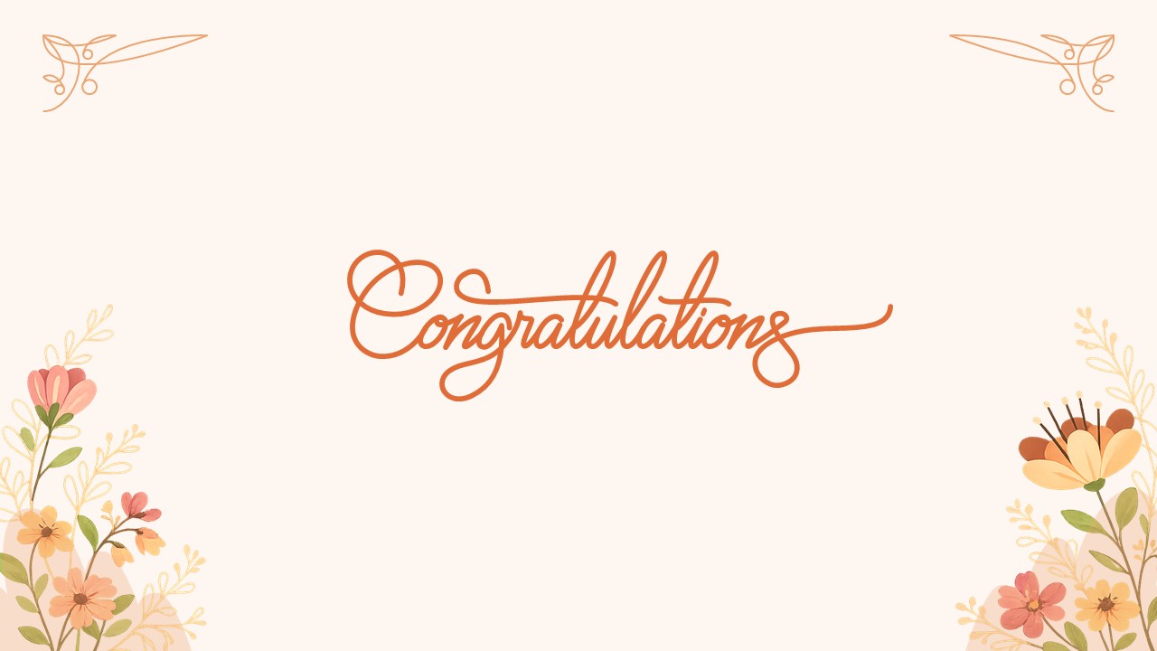 Congratulations PowerPoint background template with floral decorations, elegant typography, and minimalist design for celebration, appreciation, graduation, and award presentations.