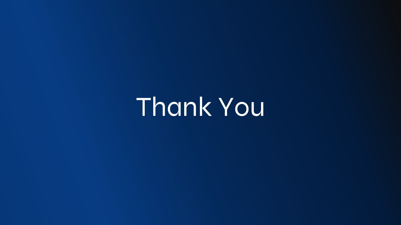 Corporate blue thank you PowerPoint slide template with clean professional design for executive presentations and board meeting closing slides.