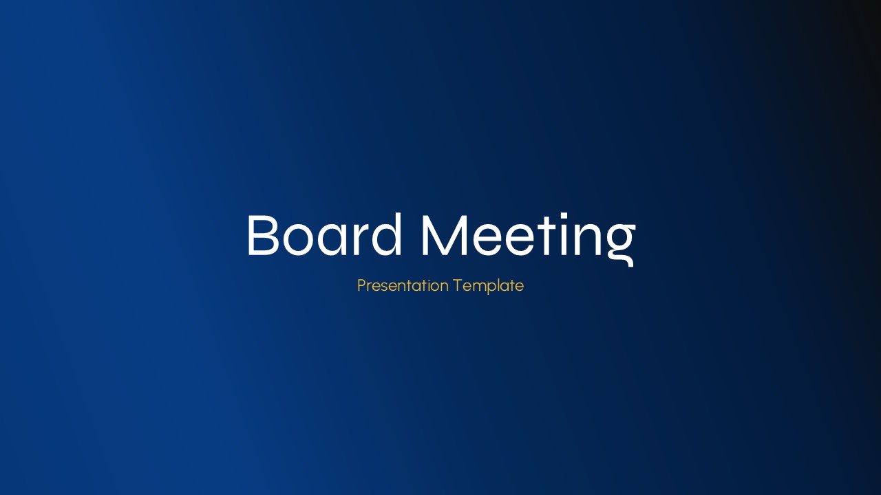 Corporate board meeting title slide PowerPoint template for executive presentations, board of directors meetings, governance reports, and leadership updates.