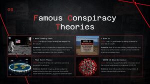PowerPoint slide showcasing famous conspiracy theories with a dark investigative theme, featuring case study cards on the Moon landing, Area 51, Flat Earth theory, and COVID-19 misinformation in a structured comparison layout.