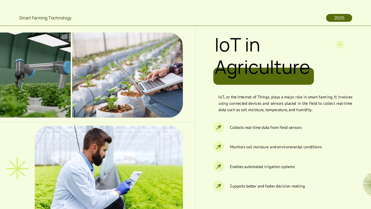 IoT in Agriculture PowerPoint presentation template showcasing smart farming with connected sensors, automated irrigation, real-time field monitoring, and precision agriculture technologies.