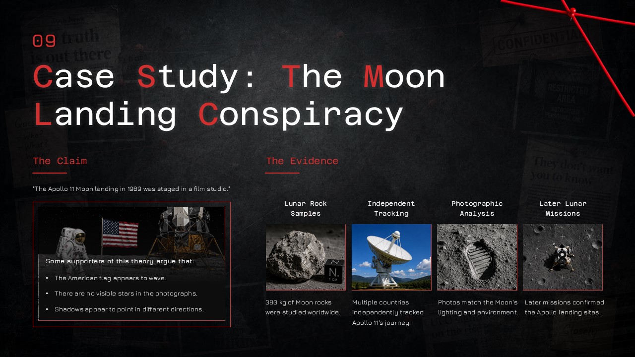 PowerPoint slide presenting a case study on the Moon landing conspiracy, featuring a dark investigative design with sections comparing conspiracy claims and supporting evidence, including lunar rock samples, independent tracking, photographic analysis, and later lunar missions.
