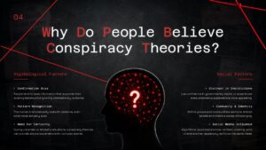 PowerPoint slide exploring why people believe conspiracy theories, featuring a dark investigative design with a human head silhouette, connected brain network graphic, and sections explaining psychological and social factors that influence belief formation.