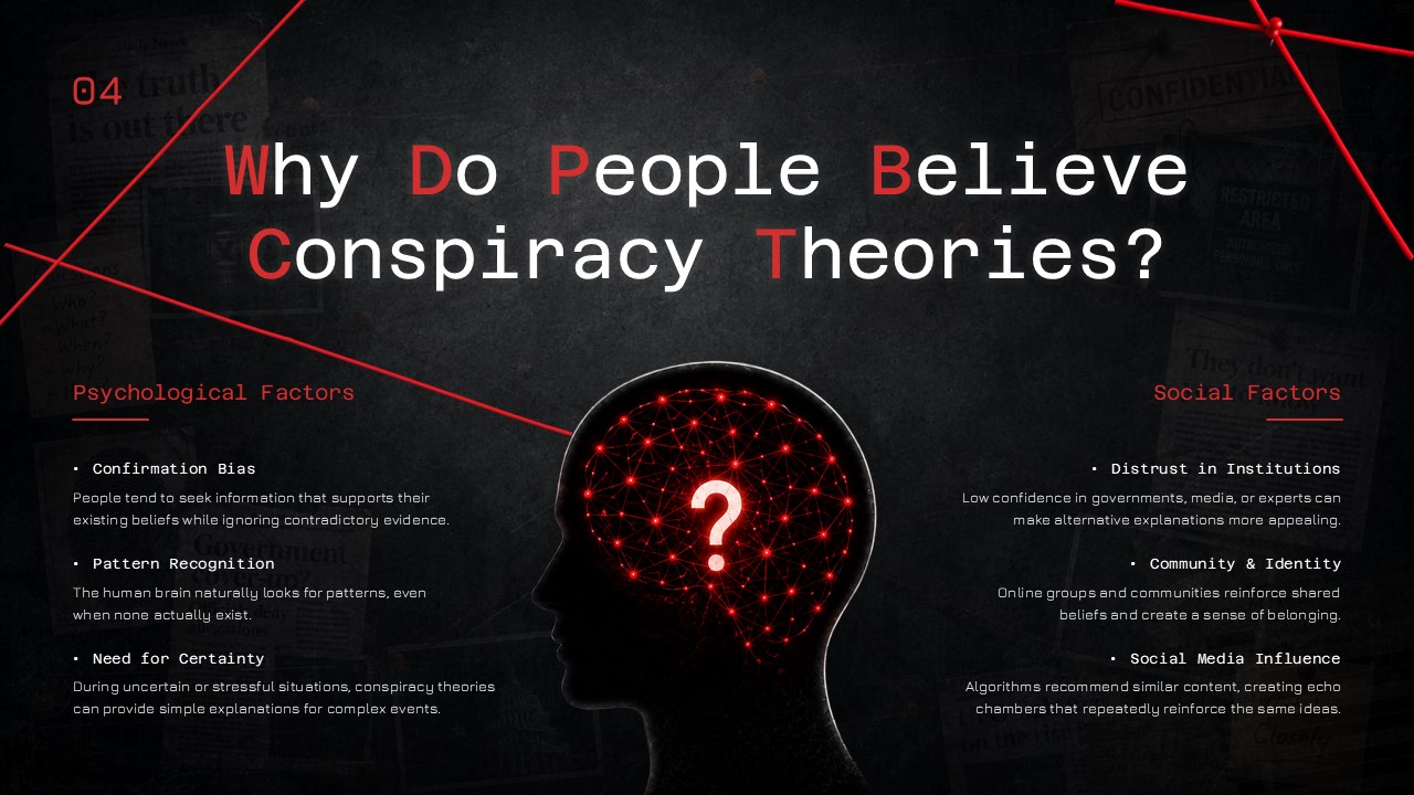 PowerPoint slide exploring why people believe conspiracy theories, featuring a dark investigative design with a human head silhouette, connected brain network graphic, and sections explaining psychological and social factors that influence belief formation.