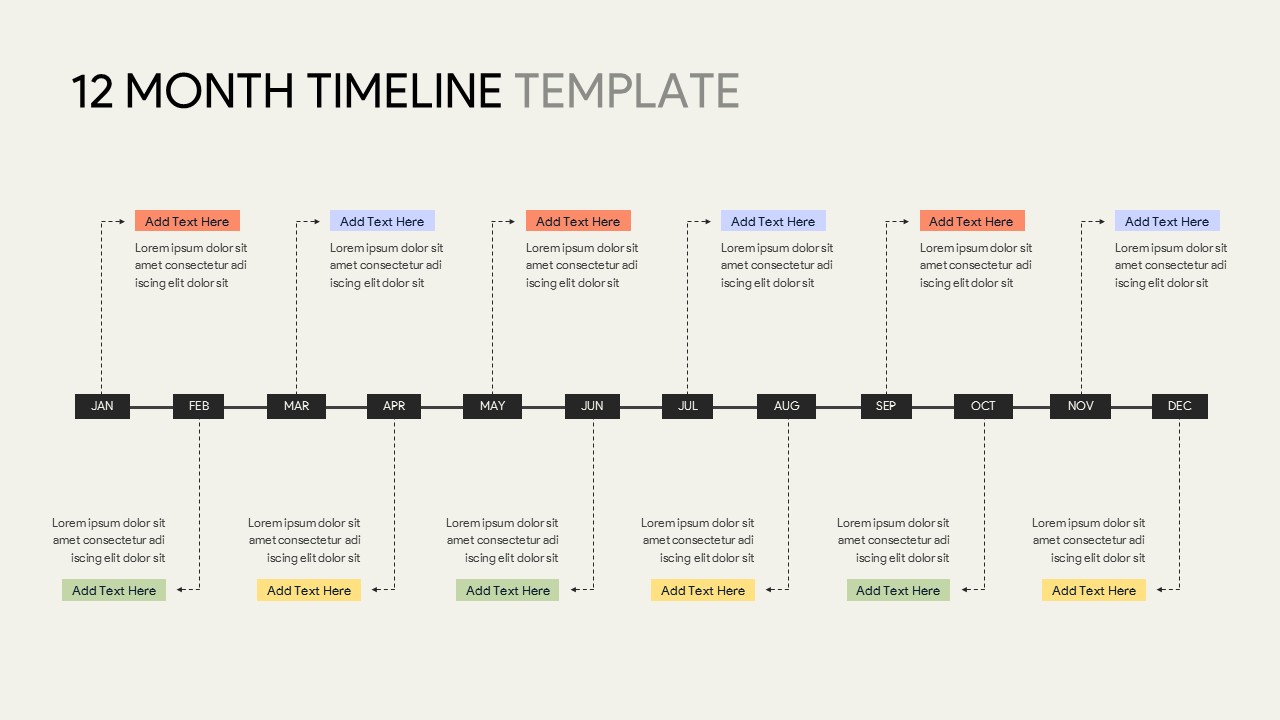 12 Month Timeline PowerPoint Template with a horizontal January to December timeline, editable monthly milestone sections, and a clean layout for annual project planning, business roadmaps, and strategic presentations.
