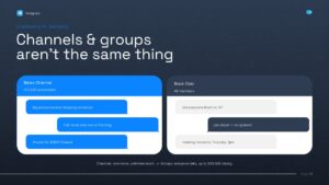 Editable Telegram Channels vs Groups Comparison PowerPoint slide featuring a side-by-side chat interface that compares Telegram channels and groups. The slide highlights one-way broadcasting, subscriber communication, interactive group discussions, and community messaging, making it ideal for technology, social media, digital communication, and messaging app presentations in PowerPoint.