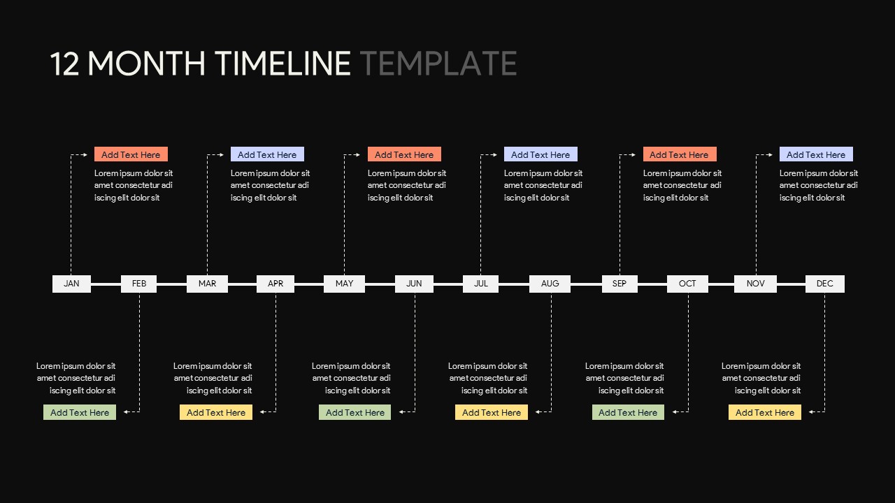 Dark 12 Month Timeline PowerPoint Template featuring a horizontal January to December timeline with editable monthly milestone sections on a black background, ideal for annual project planning, business roadmaps, strategic planning, and professional presentations.
