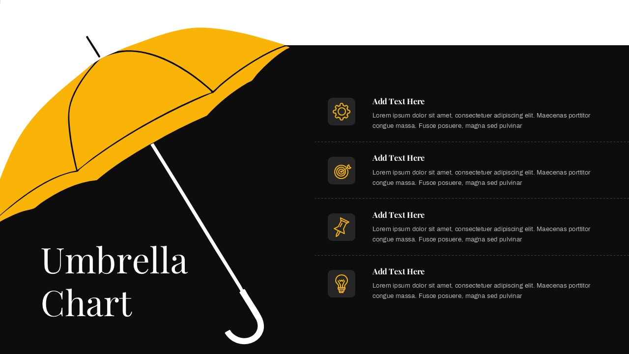 Dark Umbrella Chart PPT Template featuring a yellow orange umbrella graphic, four supporting content areas, icons, and a black presentation background.