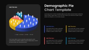 Demographic Pie Chart PowerPoint Template with a colorful 3D demographic chart and supporting data sections on a dark background.