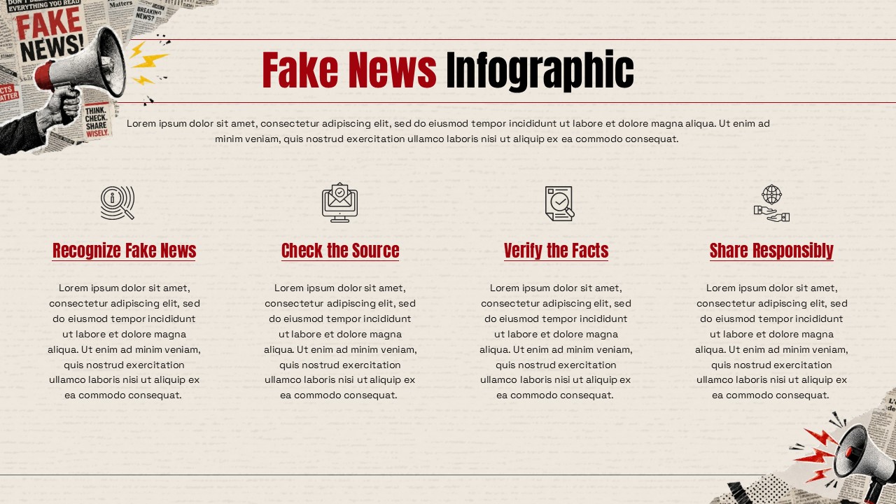 Fake News Infographic PowerPoint Template with newspaper style background, red and black typography, and four step fact checking process.