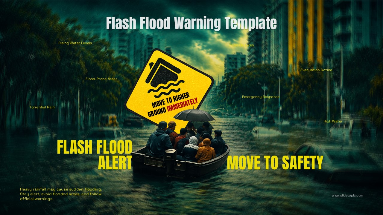 Flash Flood Warning PowerPoint presentation template featuring a flooded city street, evacuation boat, emergency warning sign, and bold flood safety messaging for disaster preparedness and public safety presentations.
