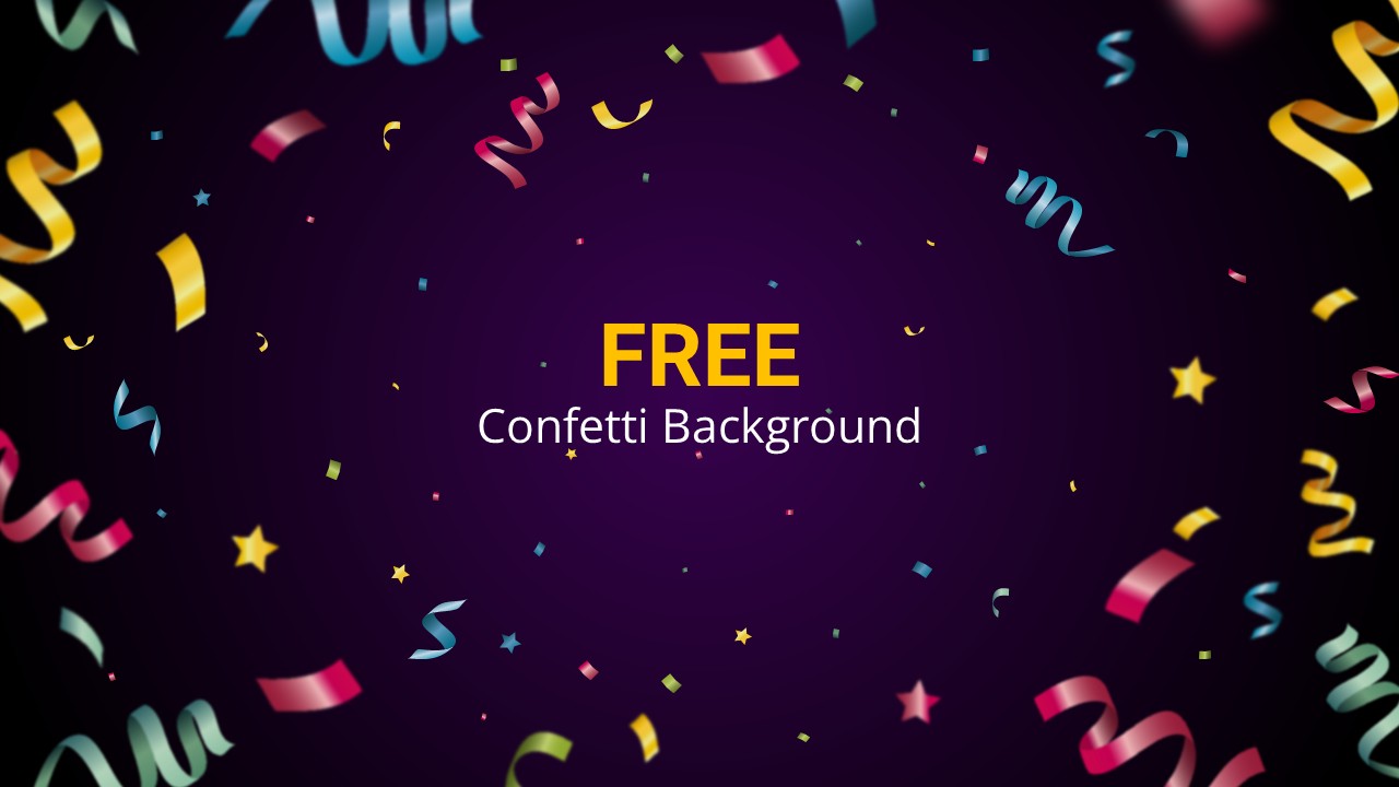 Free Confetti Background PowerPoint Presentation Template with a dark purple background, colorful ribbon streamers, and confetti accents, ideal for celebration, party, award, event, holiday, and festive PowerPoint presentations.