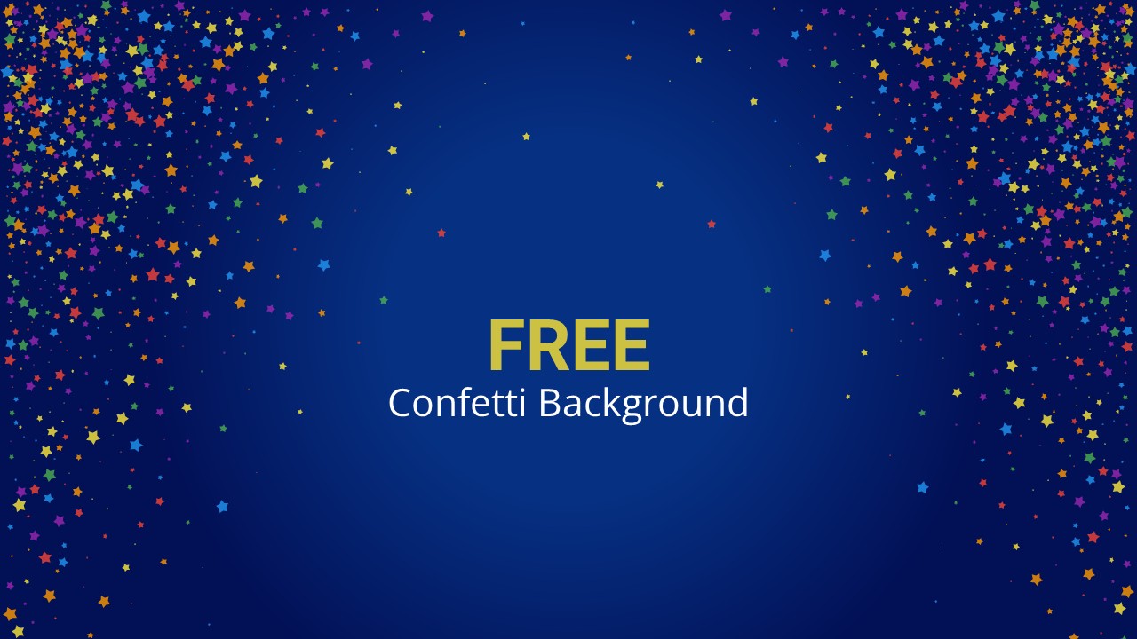 Free Confetti Background PowerPoint Presentation Template featuring a blue background with colorful confetti and star decorations, ideal for celebration, event, award, holiday, and festive PowerPoint presentations.