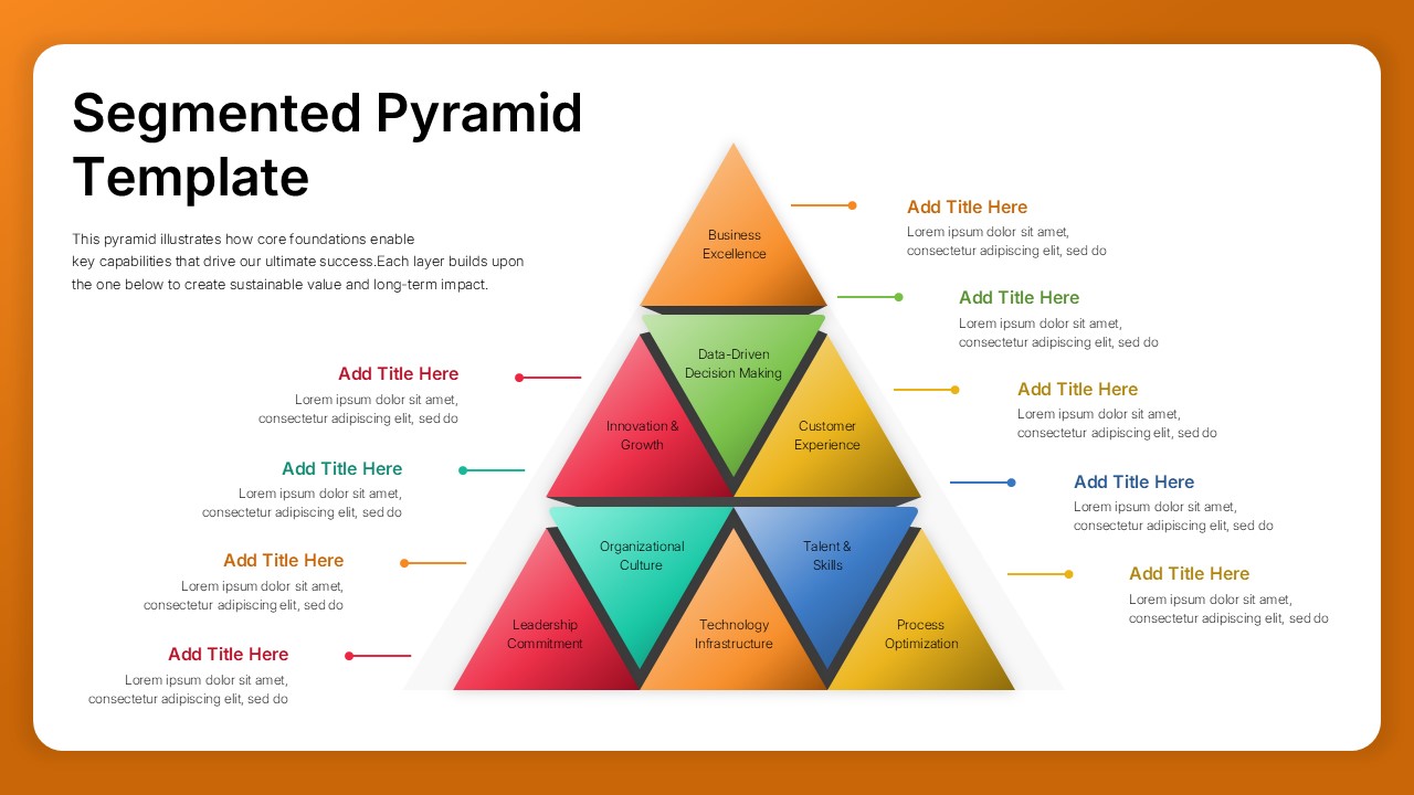 Light Segmented Pyramid PPT Template with a colorful multi-level pyramid diagram, strategic business components, and supporting text sections.
