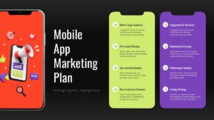 Mobile App Marketing Plan PowerPoint Template with smartphone illustration and colorful strategy sections on a dark background.