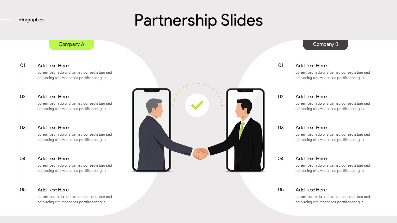 Partnership Slides PowerPoint Template showing two companies with five collaboration points and a central handshake illustration on a light background.