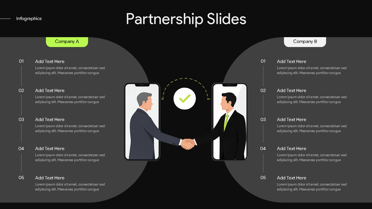 Partnership Slides PPT Template with Company A and Company B, central business handshake illustration, and editable partnership information on a dark background.