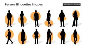 Person silhouettes shapes PowerPoint template with male and female human figures on orange circular backgrounds