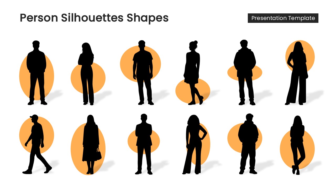 Person silhouettes shapes PowerPoint template with male and female human figures on orange circular backgrounds