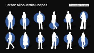 Dark person silhouettes shapes PowerPoint template with white human figures and blue circular backgrounds