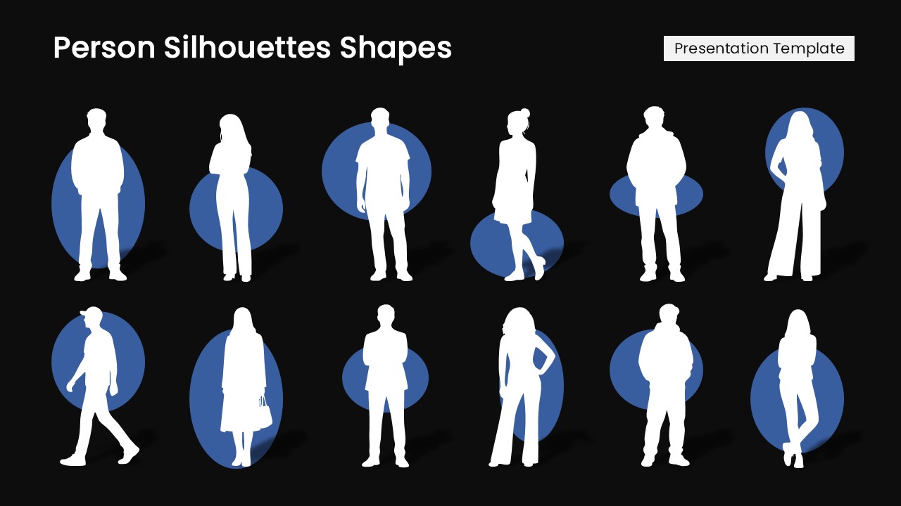 Dark person silhouettes shapes PowerPoint template with white human figures and blue circular backgrounds