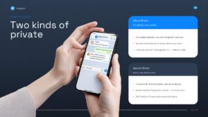 Editable Telegram Private Chats PowerPoint slide comparing Cloud Chats and Secret Chats with a smartphone messaging mockup. The slide highlights cloud synchronization, multi-device access, end-to-end encryption, self-destruct messages, screenshot alerts, and privacy features. Ideal for technology, cybersecurity, messaging app, and digital communication presentations in PowerPoint.