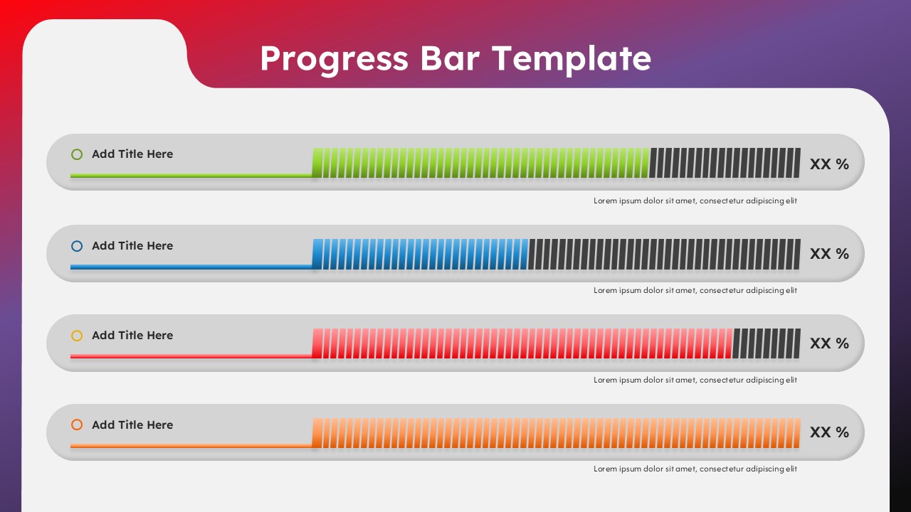 Progress Bar PowerPoint Template with four colorful completion bars for tracking goals, projects, and performance on a light background.