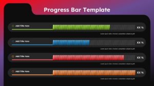 Progress Bar PPT Template showing four colorful progress indicators with percentage values on a dark background.