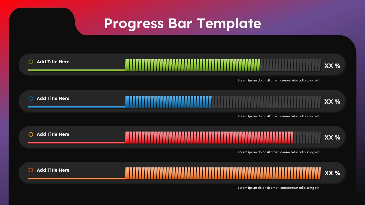 Progress Bar PPT Template showing four colorful progress indicators with percentage values on a dark background.