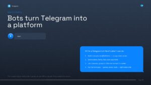 Editable Telegram Bots PowerPoint slide showcasing how Telegram bots automate tasks and extend platform functionality. The slide features a chatbot conversation layout with Bot API capabilities, including forms, buttons, file sharing, payments, mini apps, and channel integration. Ideal for technology, automation, AI chatbot, software development, and digital communication presentations in PowerPoint.
