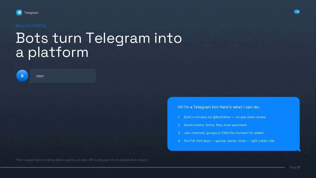 Editable Telegram Bots PowerPoint slide showcasing how Telegram bots automate tasks and extend platform functionality. The slide features a chatbot conversation layout with Bot API capabilities, including forms, buttons, file sharing, payments, mini apps, and channel integration. Ideal for technology, automation, AI chatbot, software development, and digital communication presentations in PowerPoint.