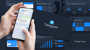 Preview of a Telegram PowerPoint presentation template featuring a modern dark blue design with editable slides on Telegram history, features, channels vs. groups, private chats, bots, user growth statistics, platform comparisons, messaging interface mockups, and a professional cover slide for technology and communication presentations.
