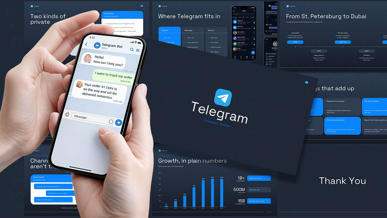 Preview of a Telegram PowerPoint presentation template featuring a modern dark blue design with editable slides on Telegram history, features, channels vs. groups, private chats, bots, user growth statistics, platform comparisons, messaging interface mockups, and a professional cover slide for technology and communication presentations.