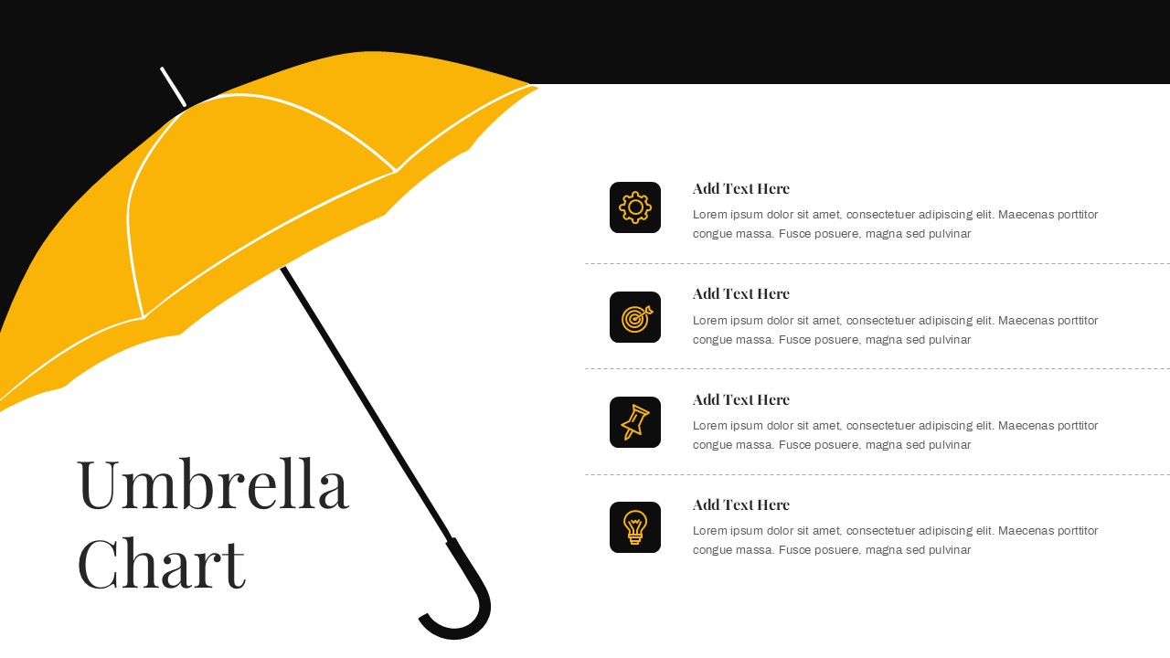 Umbrella Chart PowerPoint Template with a yellow orange umbrella illustration, four icon based content sections, and a clean white background.