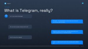 Editable What Is Telegram? PowerPoint slide featuring a modern chat-style conversation layout that explains Telegram’s cloud-based messaging, unlimited channels, large group capacity, and Bot API. Ideal for technology, digital communication, social media, and messaging app presentations in PowerPoint.
