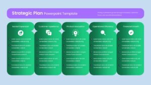 Strategic Plan PPT Template with five green gradient strategic pillars, purple header, business icons, and a light blue background.