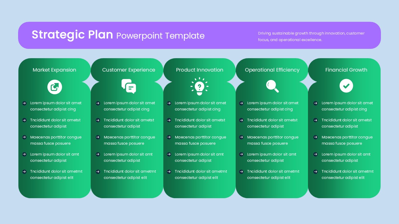 Strategic Plan PPT Template with five green gradient strategic pillars, purple header, business icons, and a light blue background.