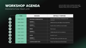 Dark Workshop Agenda PowerPoint Presentation Template featuring a structured schedule with time slots, session titles, purpose columns, and timeline icons, ideal for training workshops, business meetings, seminars, conferences, and corporate presentations.
