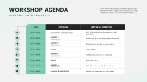 Workshop Agenda PowerPoint Presentation Template featuring a structured schedule with time slots, session titles, details, and timeline icons, ideal for training sessions, seminars, meetings, and corporate workshop presentations.