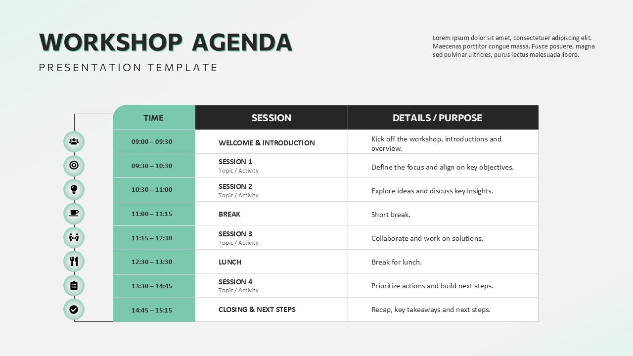 Workshop Agenda PowerPoint Presentation Template featuring a structured schedule with time slots, session titles, details, and timeline icons, ideal for training sessions, seminars, meetings, and corporate workshop presentations.