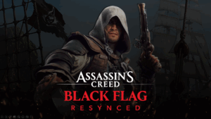 Assassin's Creed Black Flag Resynced Template - cinematic cover slide with hooded assassin, pirate ship, black flag, and red title typography