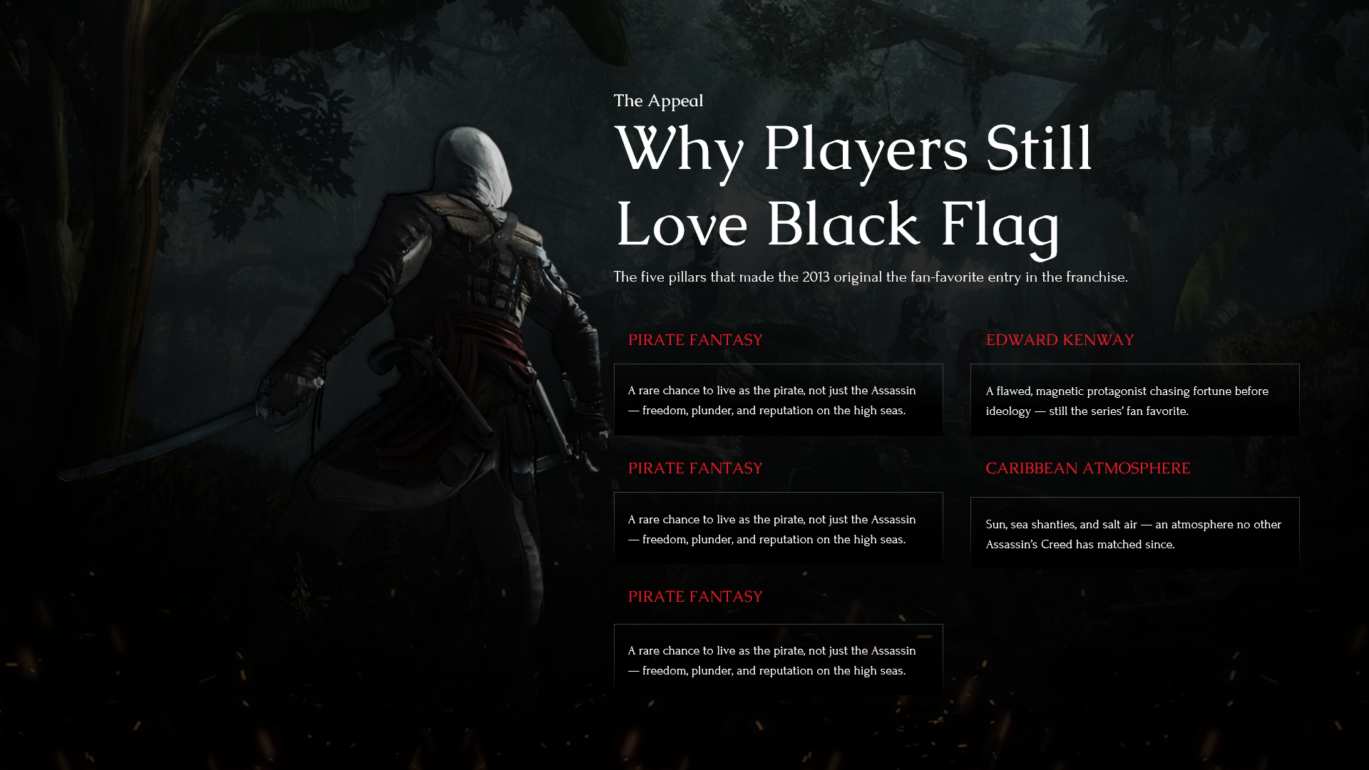 Assassin's Creed Black Flag Resynced Player Appeal Template - five-pillar layout explaining pirate fantasy, Edward Kenway, and Caribbean atmosphere