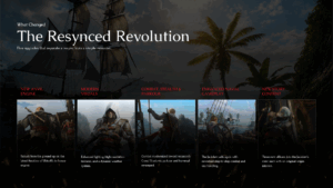 Assassin's Creed Black Flag Resynced Upgrades Template - five-column feature layout covering engine, visuals, combat, naval gameplay, and story content