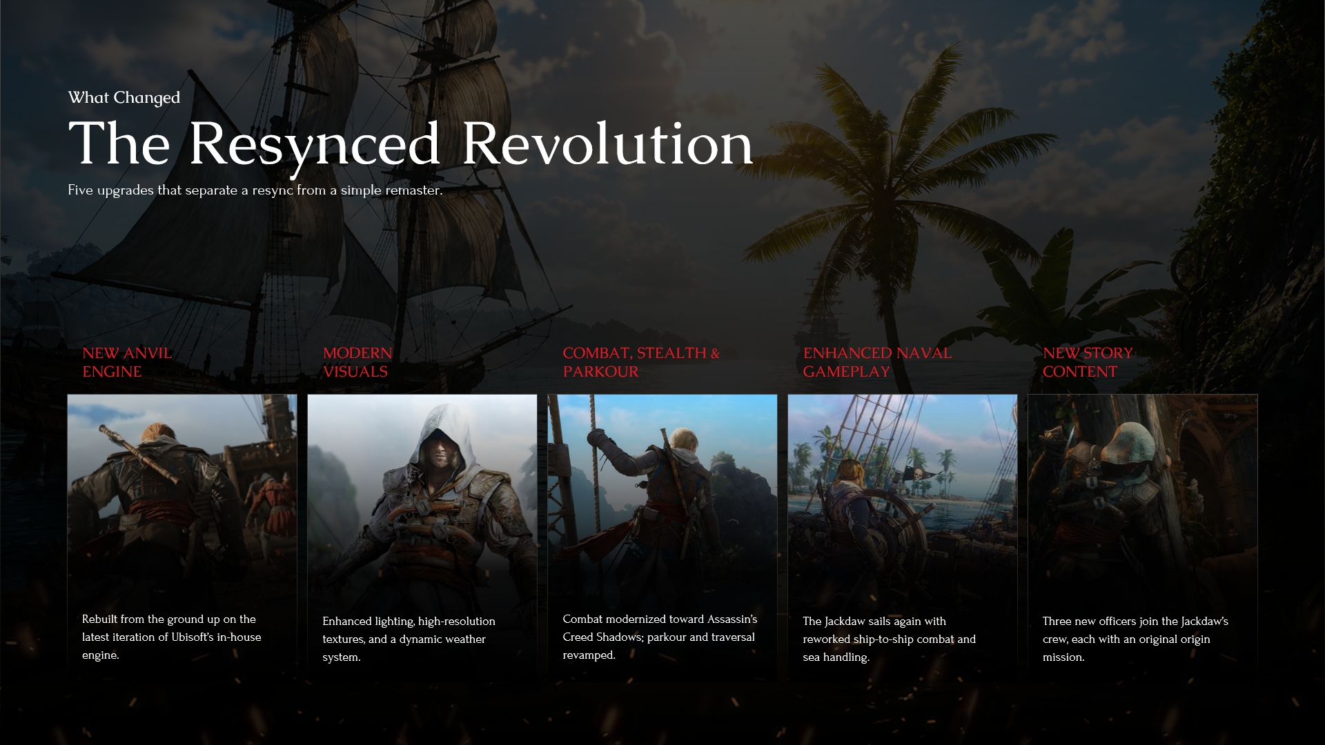 Assassin's Creed Black Flag Resynced Upgrades Template - five-column feature layout covering engine, visuals, combat, naval gameplay, and story content