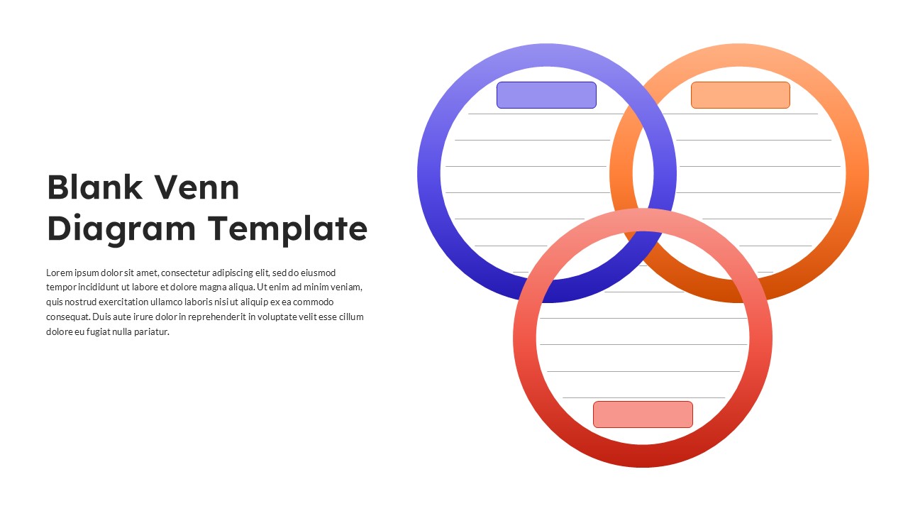 Blank Venn Diagram PowerPoint Template featuring three overlapping gradient circles in purple, orange, and red with editable text areas.