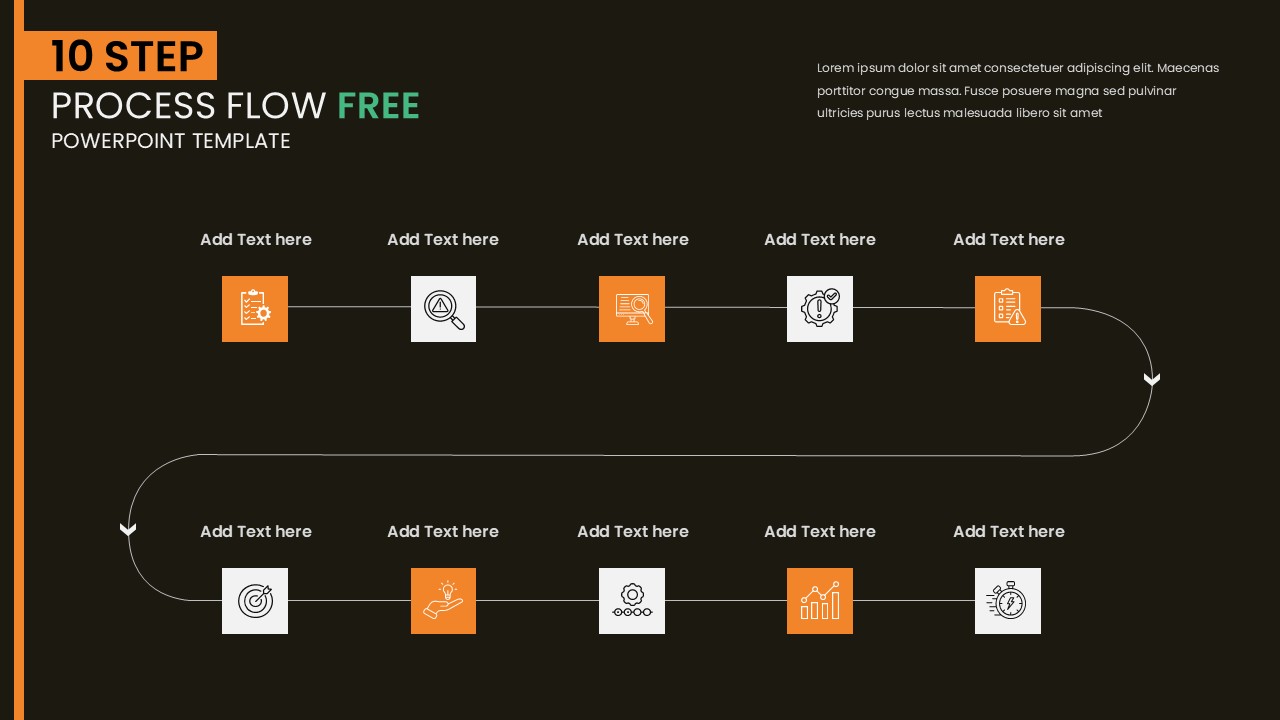 Dark 10 step curved process flow slide with orange, white, and green icons connected by a continuous path.